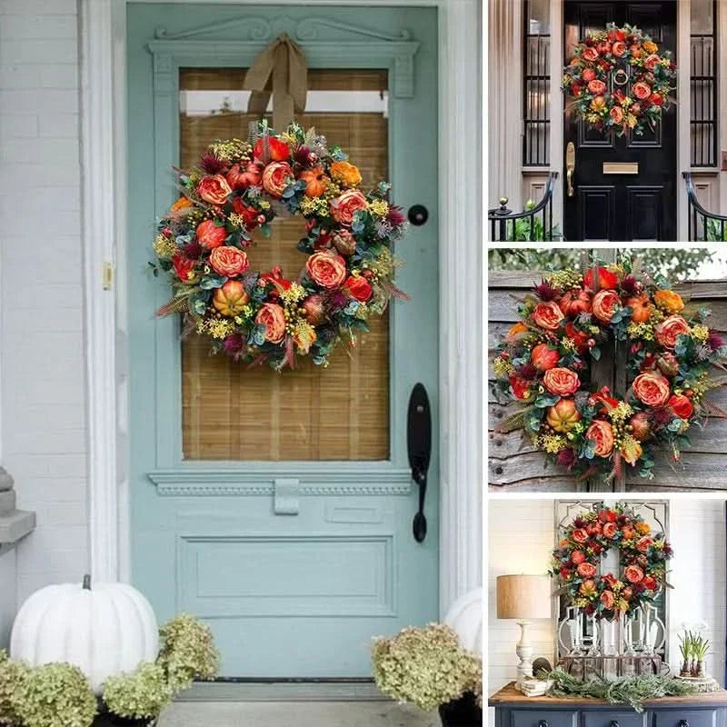 Autumn Wreath Rattan Faux Pumpkin & Leaf Design