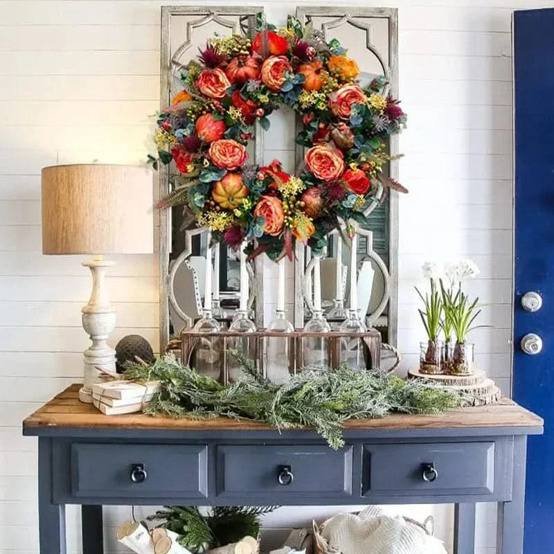Autumn Wreath Rattan Faux Pumpkin & Leaf Design