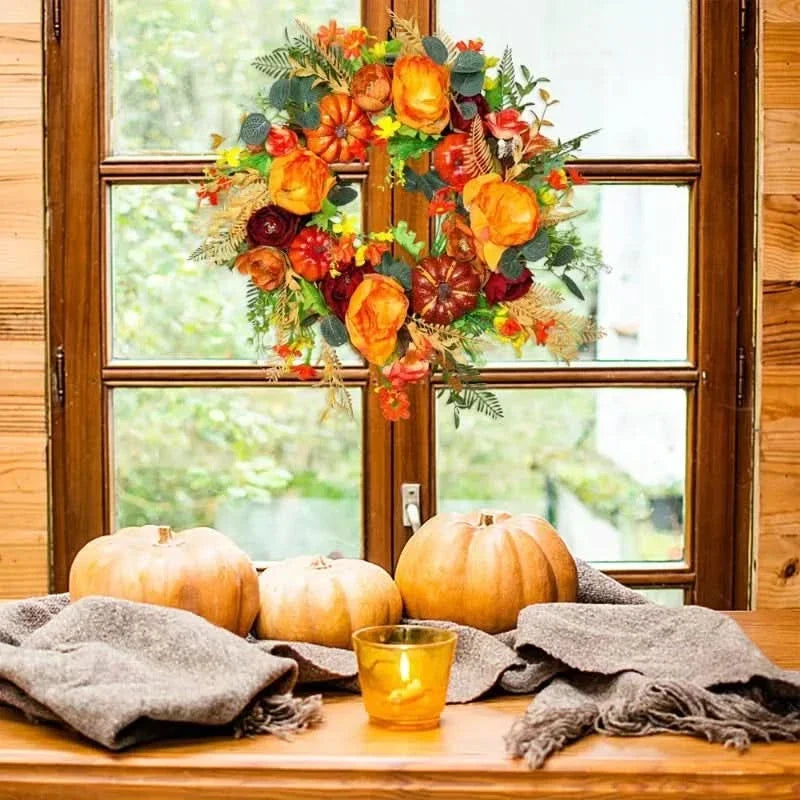 Autumn Wreath Rattan Faux Pumpkin & Leaf Design