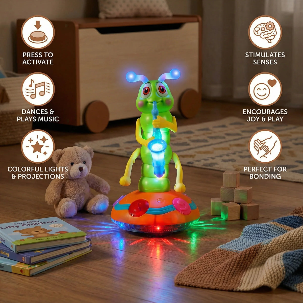 Baby Caterpillar Toy Spinning LED Lights & Saxophone Music