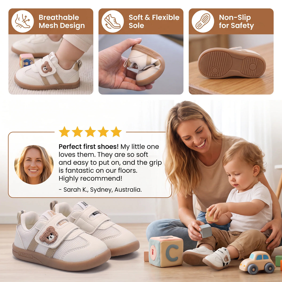 Baby First Walker Shoes Flexible Sole Non-Slip Breathable Upper