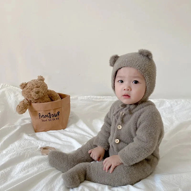 Baby Jumpsuit Plush Bear Print Warmth