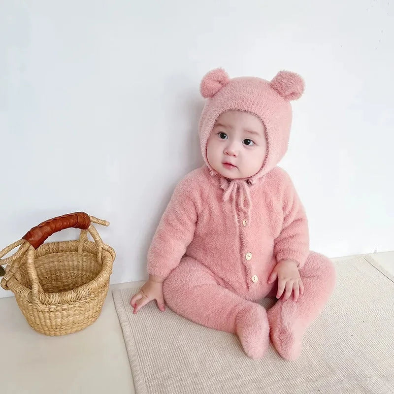 Baby Jumpsuit Plush Bear Print Warmth