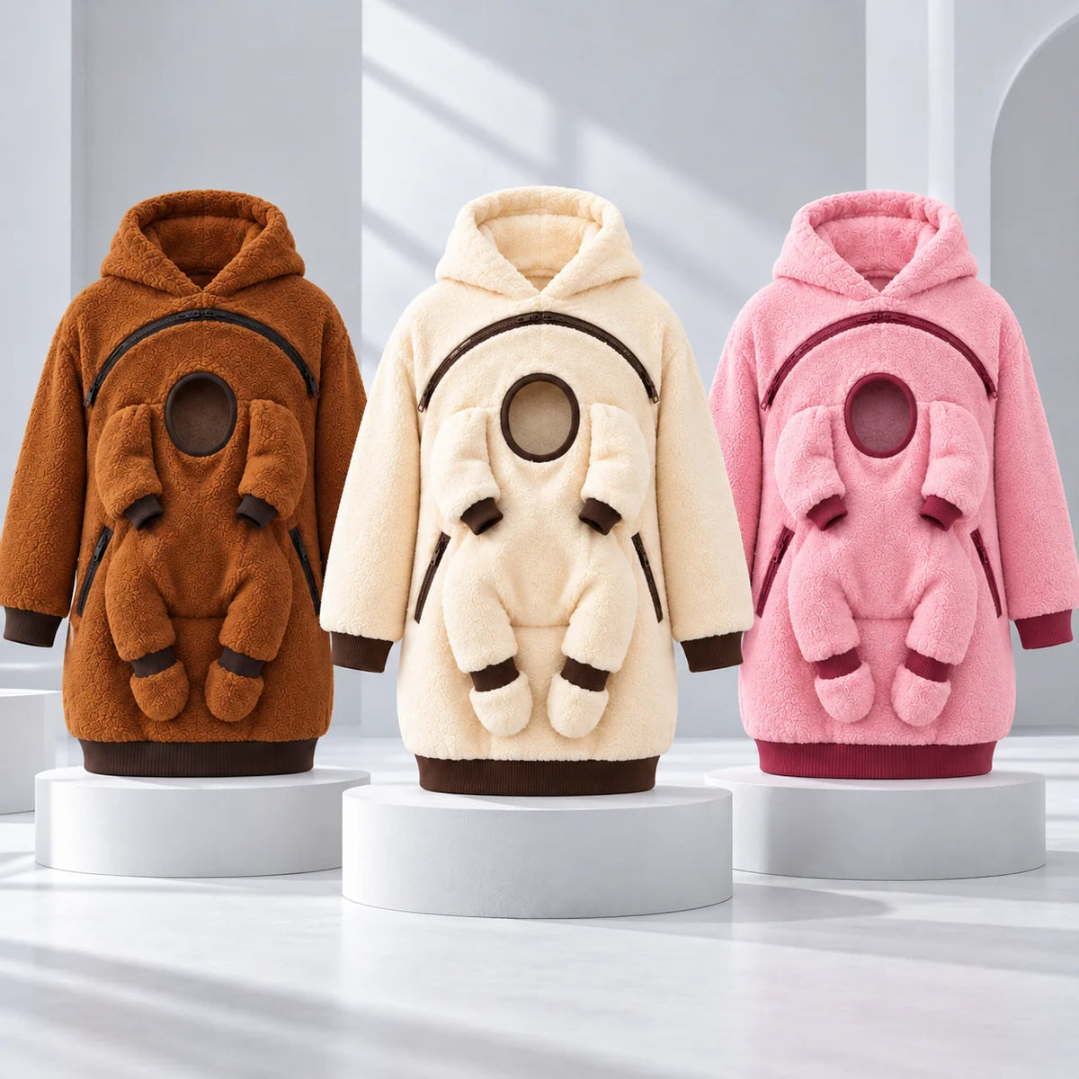 Babywearing Hoodie Soft Teddy Texture Roomy Front Panel Zippered Pockets