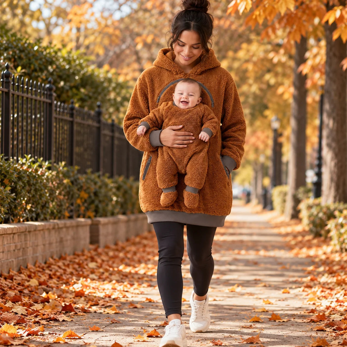 Babywearing Hoodie Soft Teddy Texture Roomy Front Panel Zippered Pockets