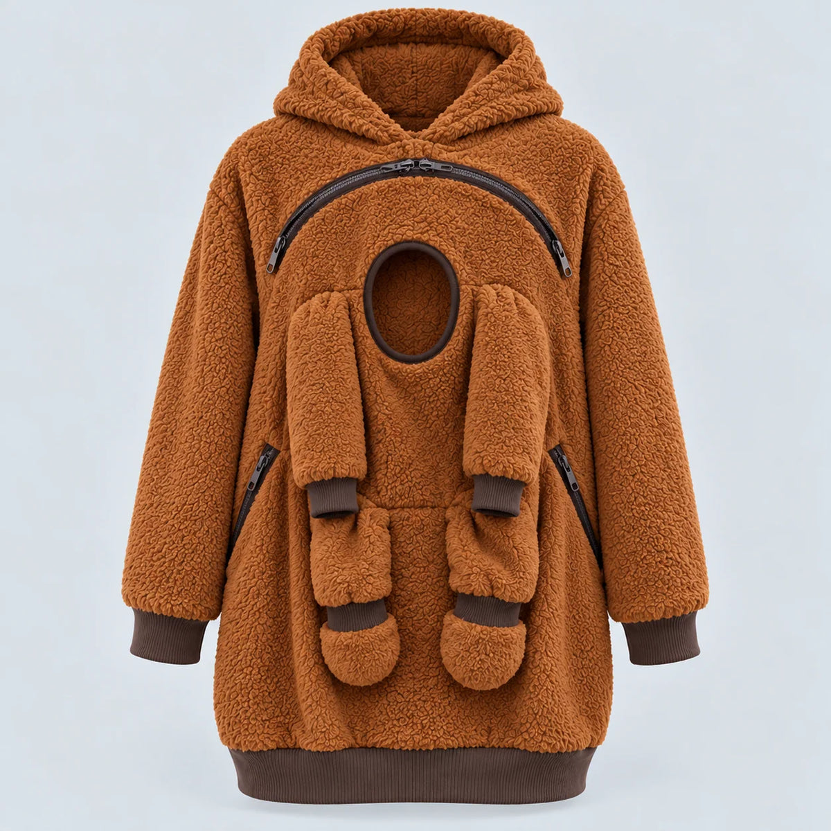 Babywearing Hoodie Soft Teddy Texture Roomy Front Panel Zippered Pockets