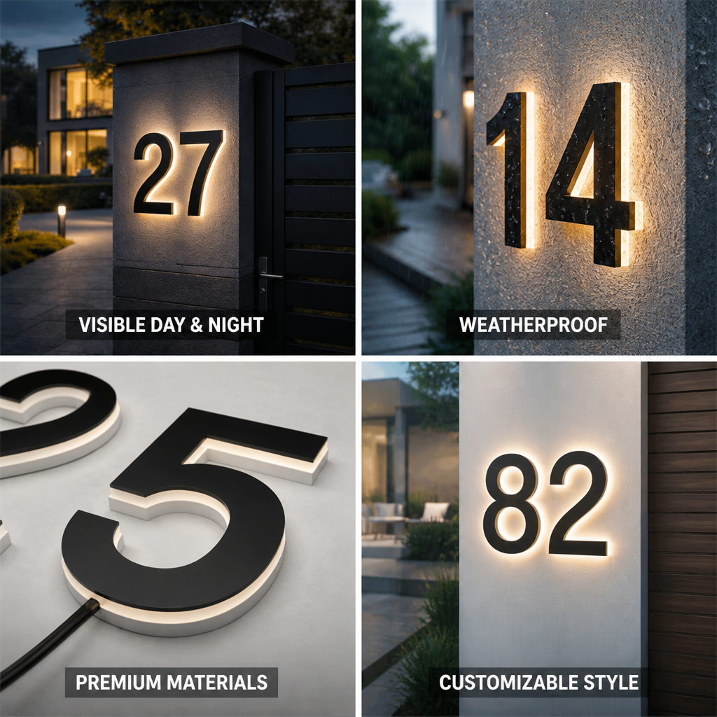 Backlit LED Stainless Steel & Acrylic House Number Sign (IP68 Waterproof)
