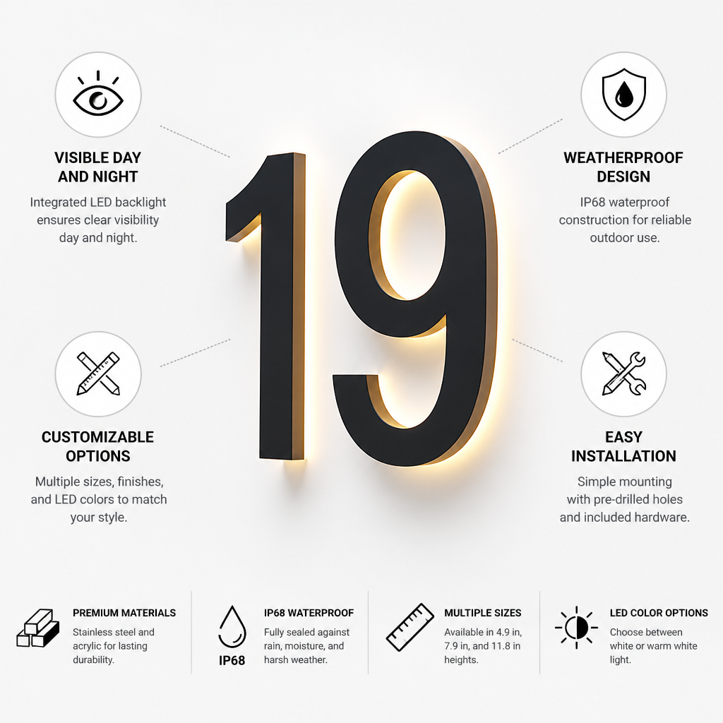 Backlit LED Stainless Steel & Acrylic House Number Sign (IP68 Waterproof)