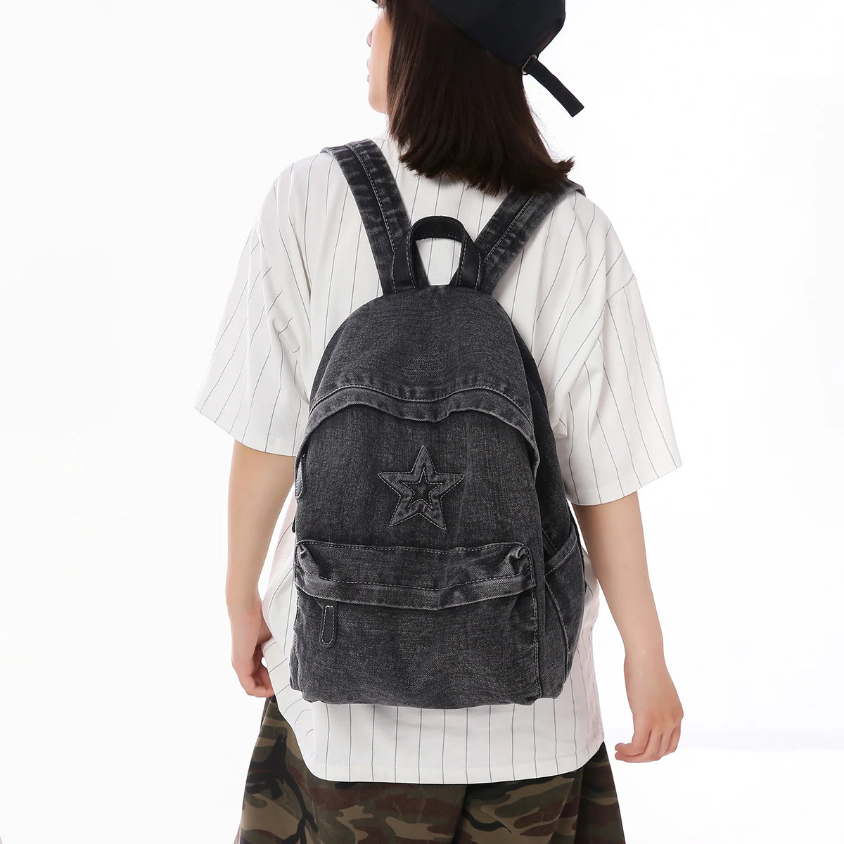 Backpack Denim Multiple Pockets Adjustable Padded Straps