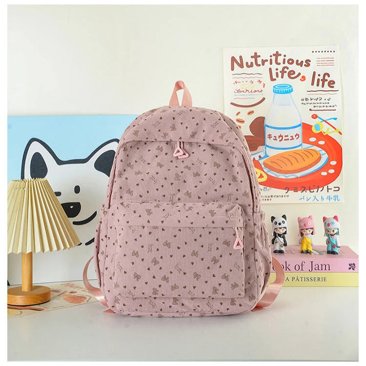 Backpack Heart Print Multiple Pockets & Adjustable Straps