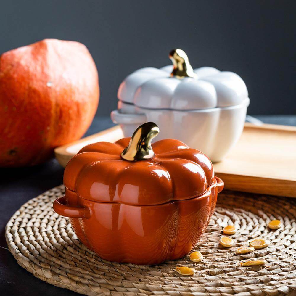 Baking Bowl Ceramic Pumpkin Shape With Glazed Lid