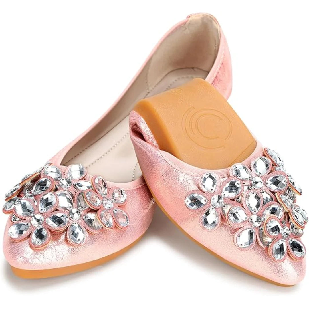 Ballet Flats Rhinestone Embellished Foldable Lightweight Slip-On
