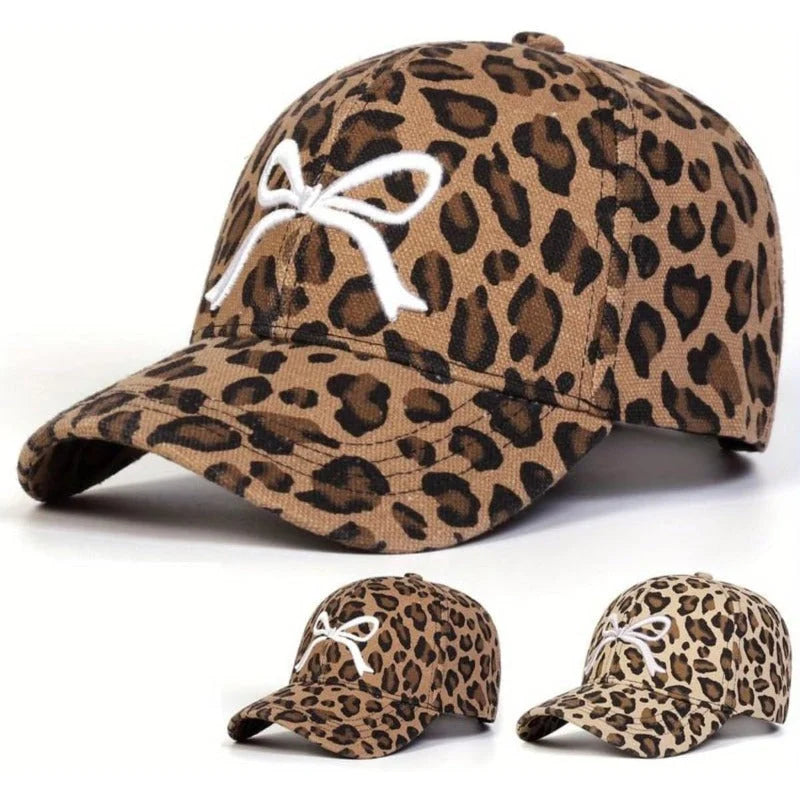 Baseball Cap Leopard Print Embroidered Bow Adjustable Fit