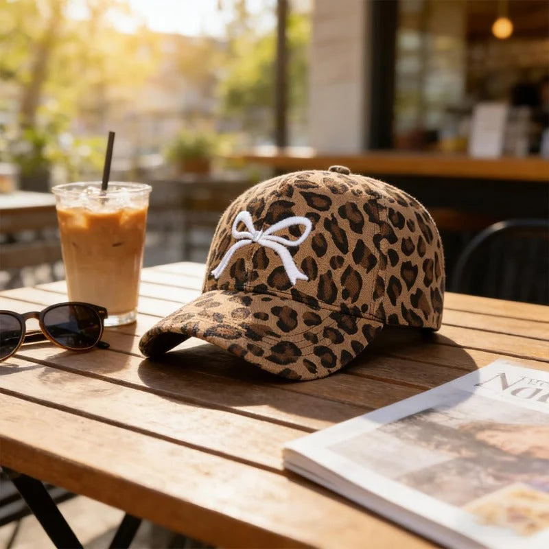 Baseball Cap Leopard Print Embroidered Bow Adjustable Fit