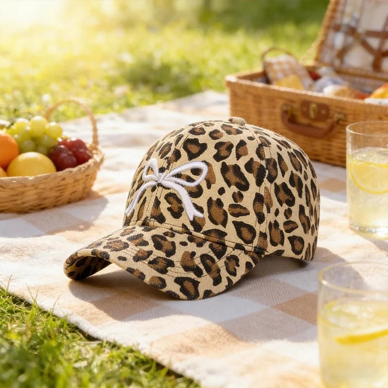 Baseball Cap Leopard Print Embroidered Bow Adjustable Fit
