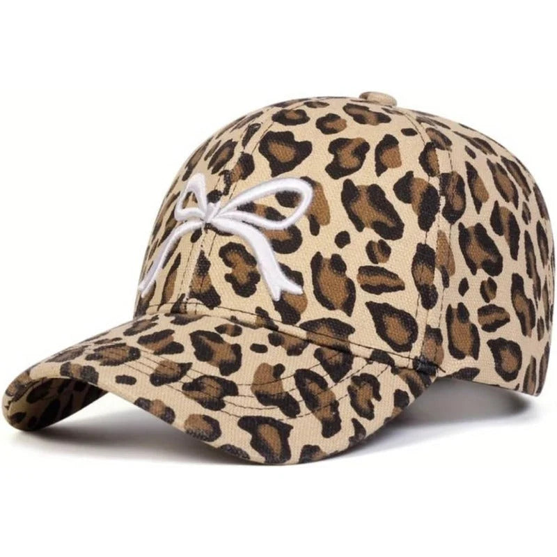 Baseball Cap Leopard Print Embroidered Bow Adjustable Fit