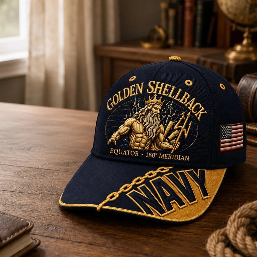 Baseball Cap Navy Blue Adjustable Gold Chain Brim Detail