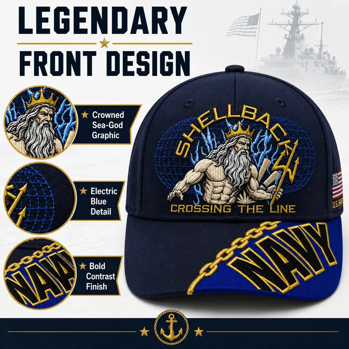 Baseball Cap Navy Blue Adjustable Gold Chain Brim Detail
