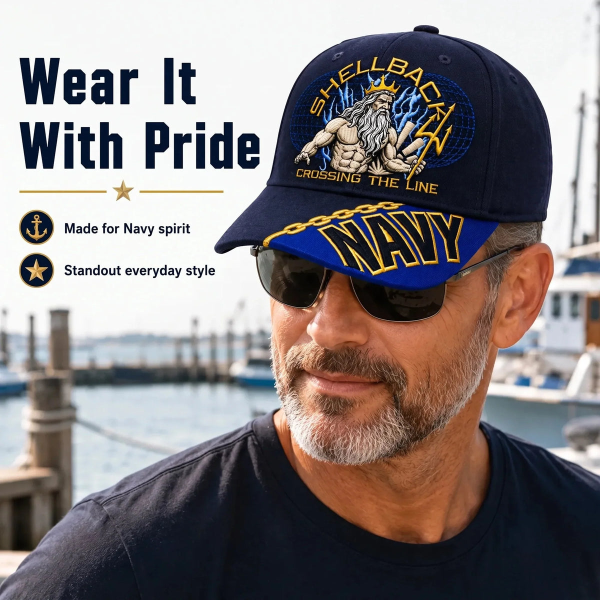 Baseball Cap Navy Blue Adjustable Gold Chain Brim Detail