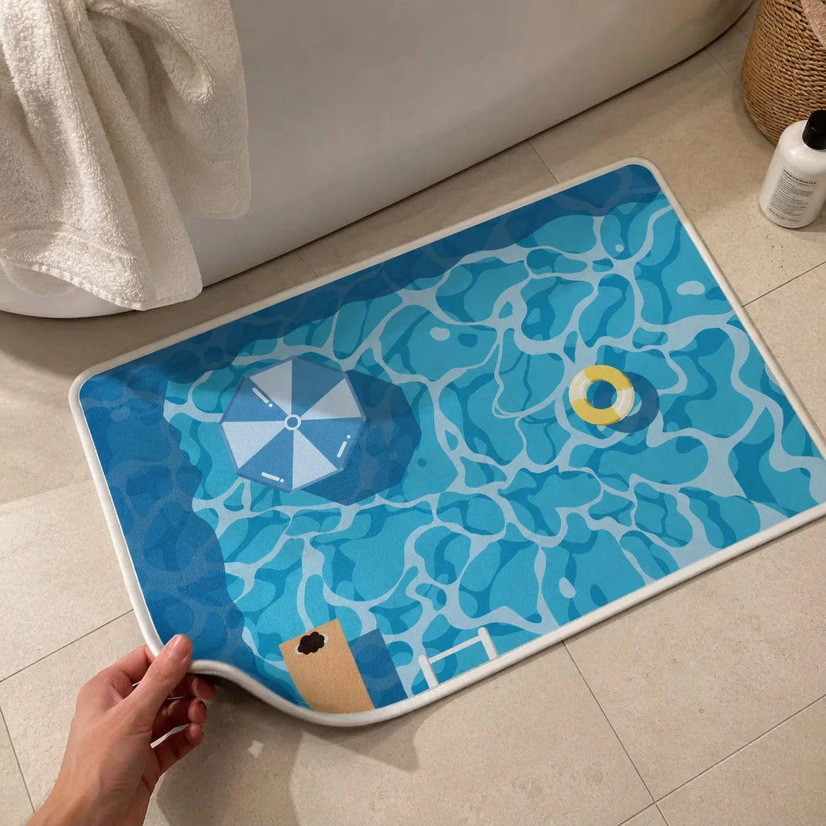Bathroom Floor Mat Quick-Dry Soft Rubber Pool-Inspired Print
