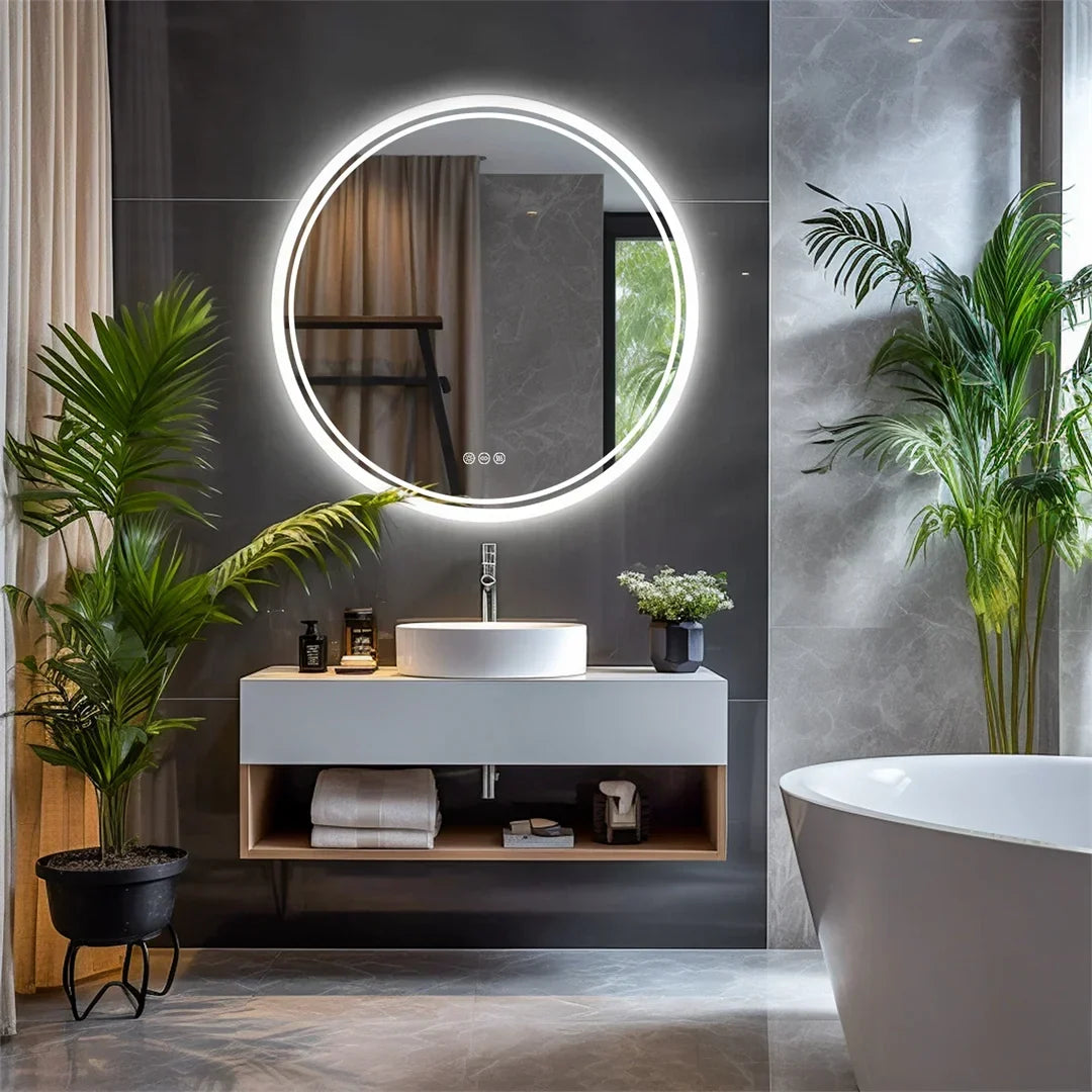 Bathroom Mirror Touch Dimmable LED Ring Heated Glass