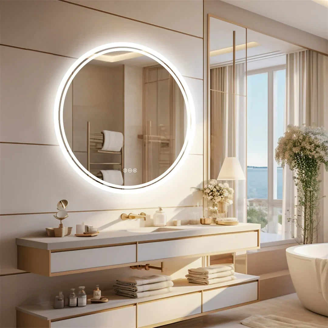 Bathroom Mirror Touch Dimmable LED Ring Heated Glass