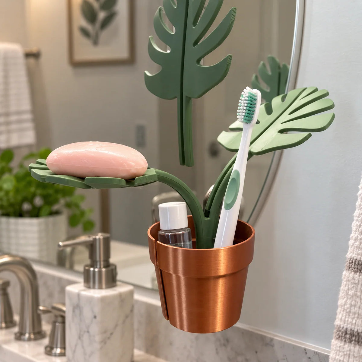 Bathroom Organizer Adhesive Wall-Mount Plant Pot Design Leaf Holders