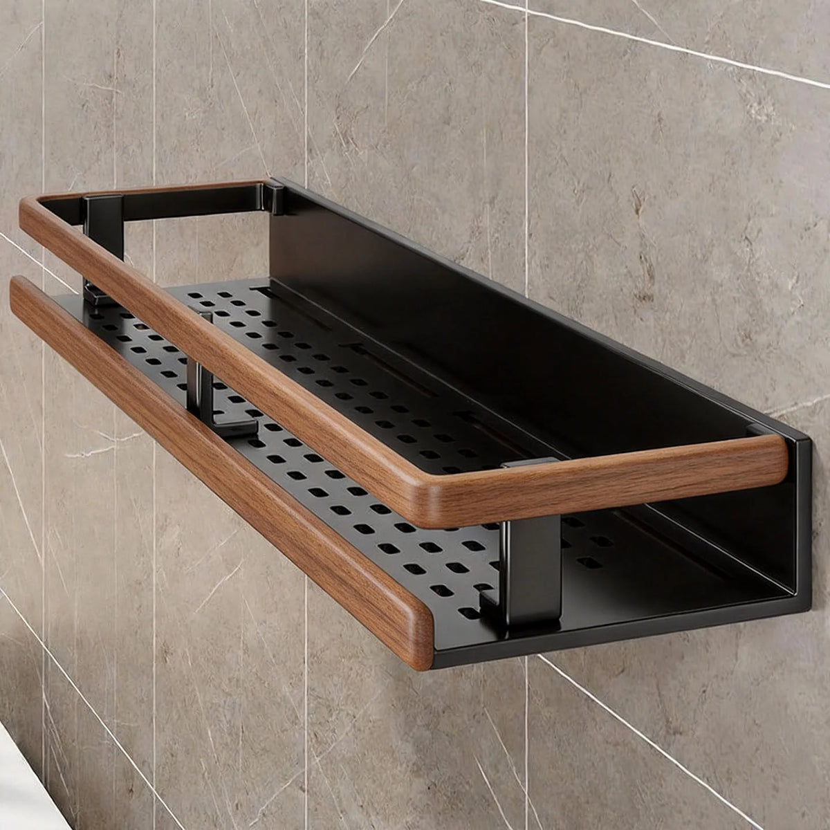 Bathroom Shelf Wall-Mounted With Towel Bar & Hooks