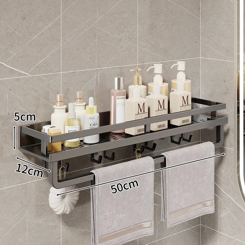 Bathroom Shelf Wall-Mounted With Towel Bar & Hooks