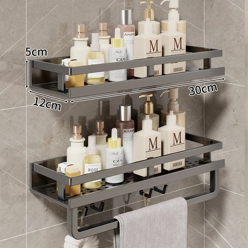 Bathroom Shelf Wall-Mounted With Towel Bar & Hooks