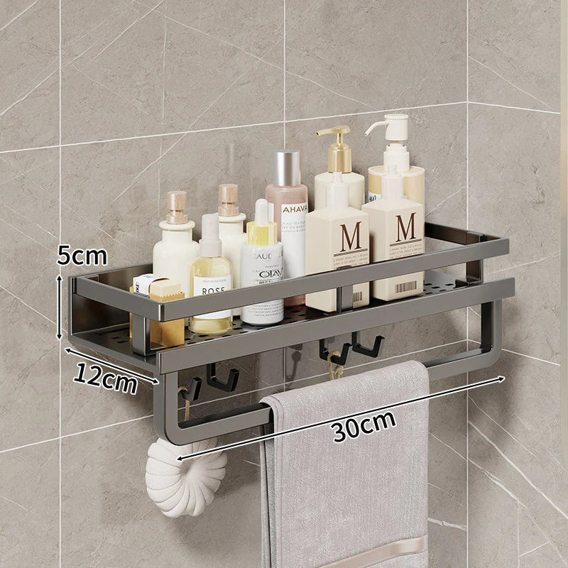 Bathroom Shelf Wall-Mounted With Towel Bar & Hooks
