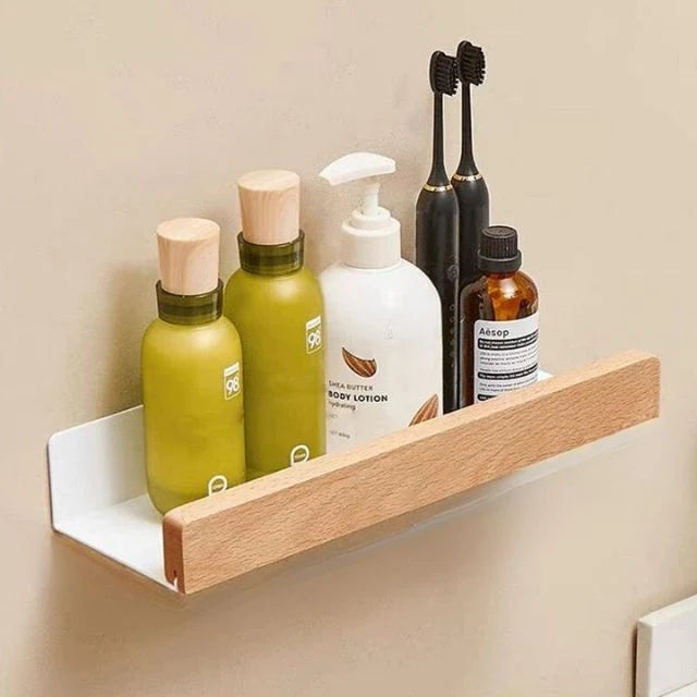 Bathroom Wall Shelf Solid Wood Self-Adhesive Water-Resistant Coating