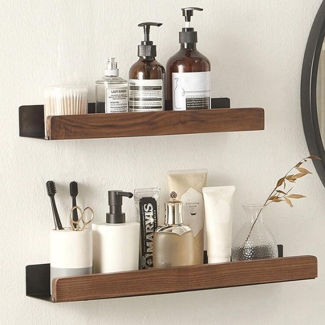 Bathroom Wall Shelf Solid Wood Self-Adhesive Water-Resistant Coating