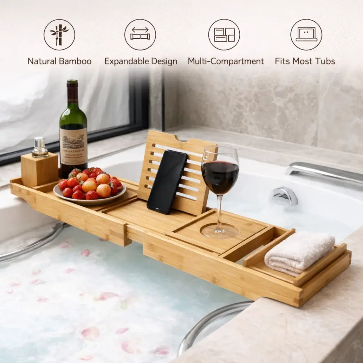 Bathtub Tray Expandable Bamboo Tablet & Device Slots