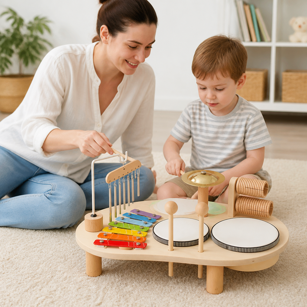 Battery-Free Non-Toxic Wood Musical Toy Set (Xylophone, Drums & Bells)