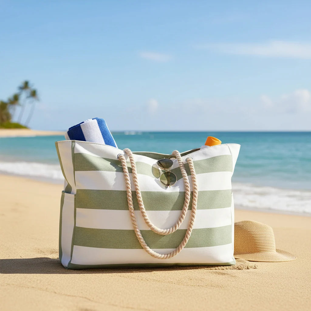 Beach Tote Bag Water-Resistant Foldable Zippered Multiple Pockets
