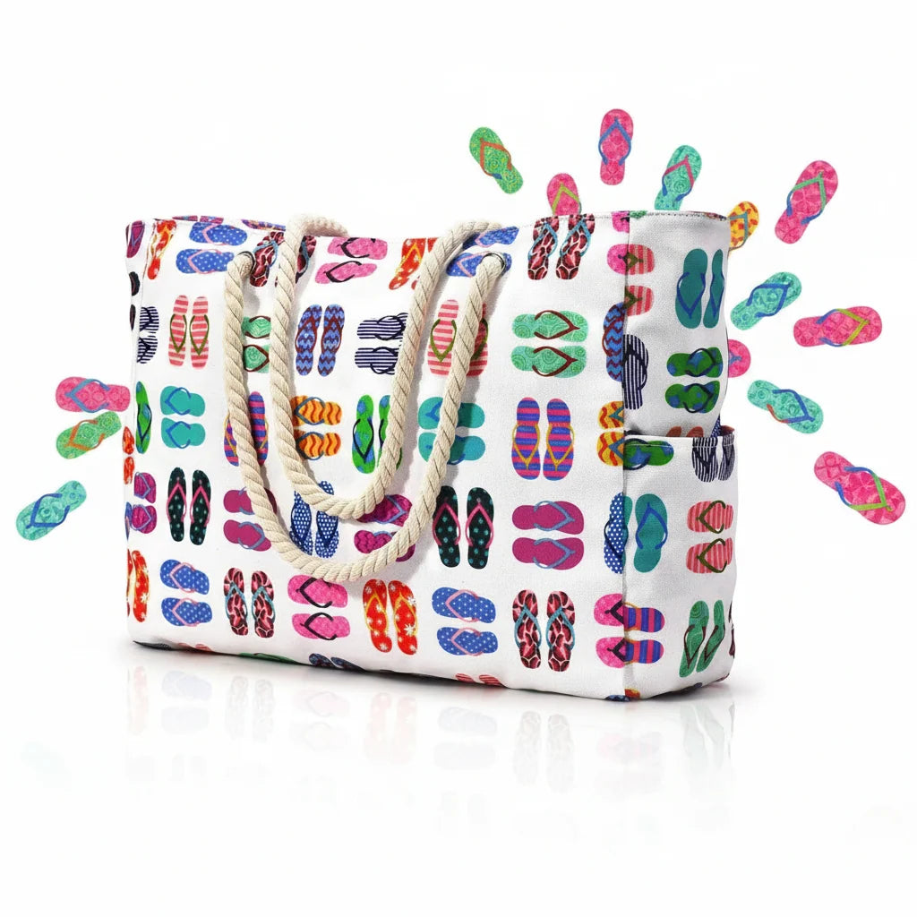 Beach Tote Bag Water-Resistant Foldable Zippered Multiple Pockets