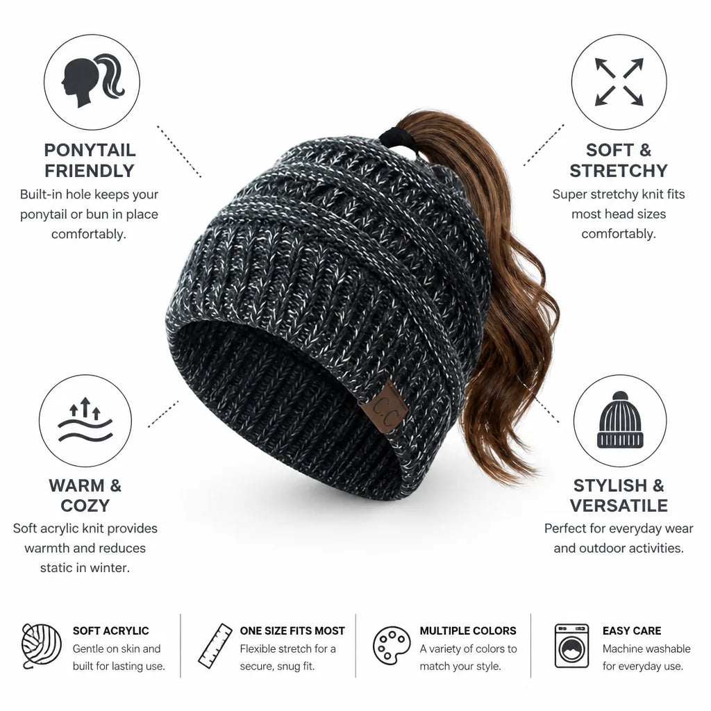 Beanie Ponytail Hole Soft Stretchy Acrylic