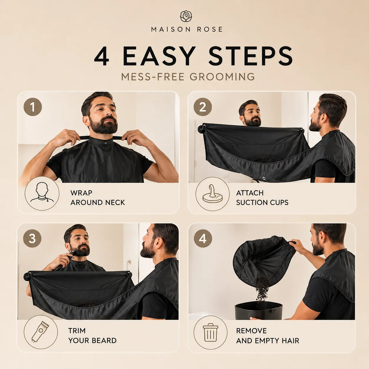 Beard Grooming Apron Water-Resistant Nylon Suction Cup Mirror Attachment
