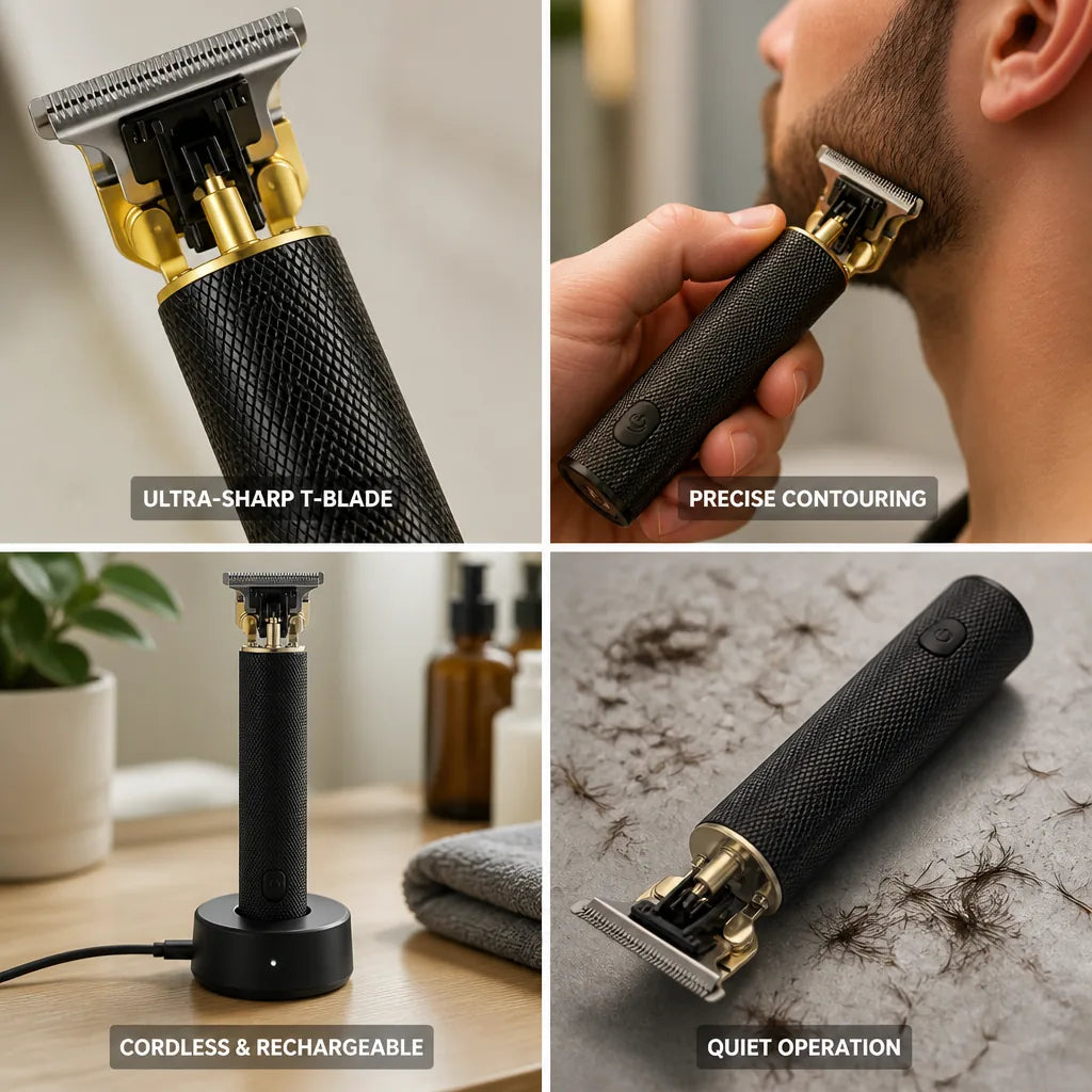 Beard Trimmer Cordless Compact Carbon Steel T-Blade Quiet Motor