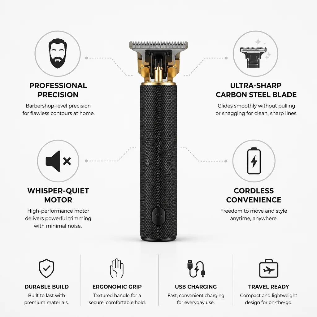 Beard Trimmer Cordless Compact Carbon Steel T-Blade Quiet Motor