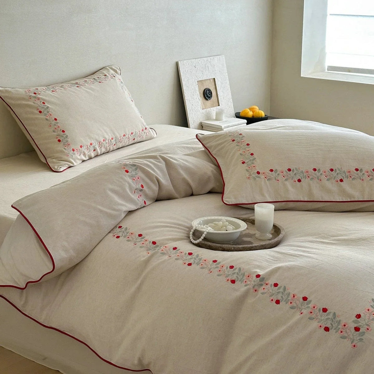 Bed Linen Set Cotton-Linen Blend Floral Embroidery & Piping