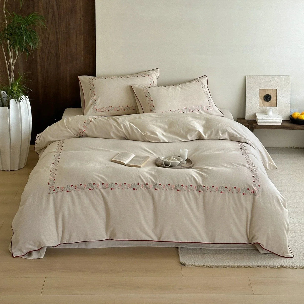 Bed Linen Set Cotton-Linen Blend Floral Embroidery & Piping