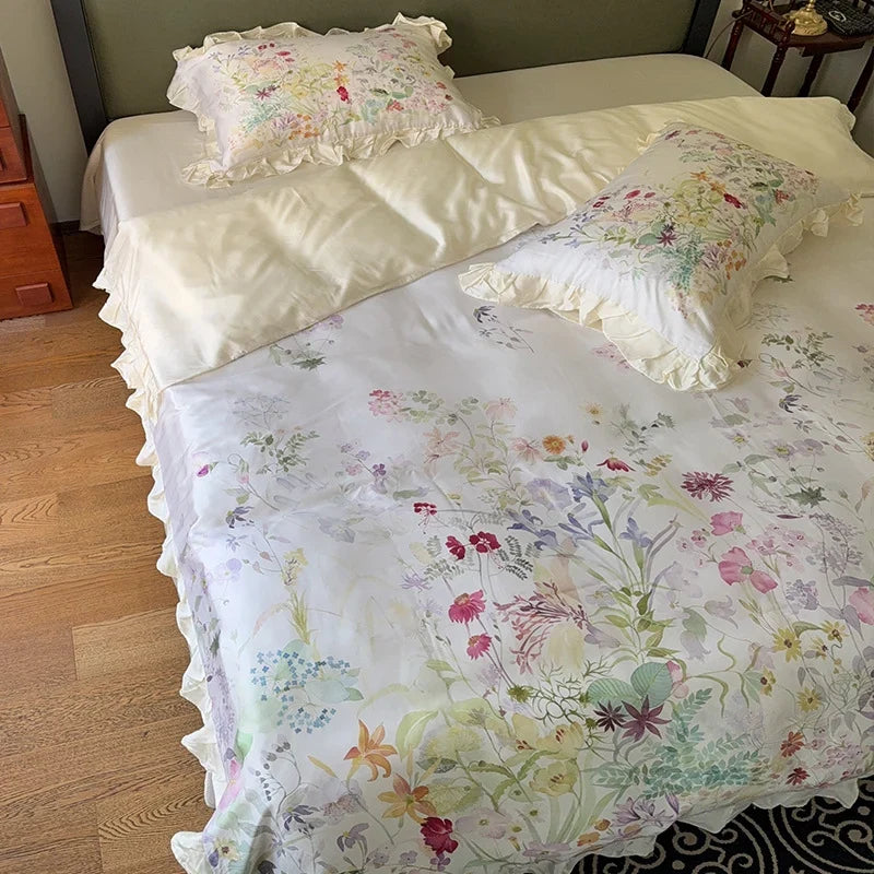 Bed Linen Set Cotton Satin Botanical Print & Ruffle