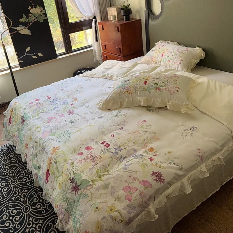 Bed Linen Set Cotton Satin Botanical Print & Ruffle
