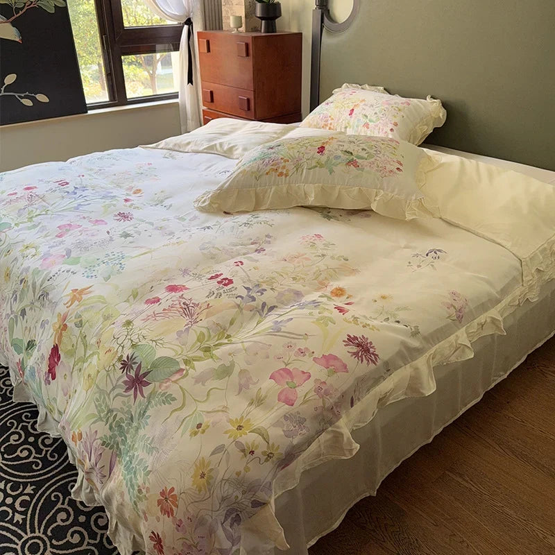 Bed Linen Set Cotton Satin Botanical Print & Ruffle