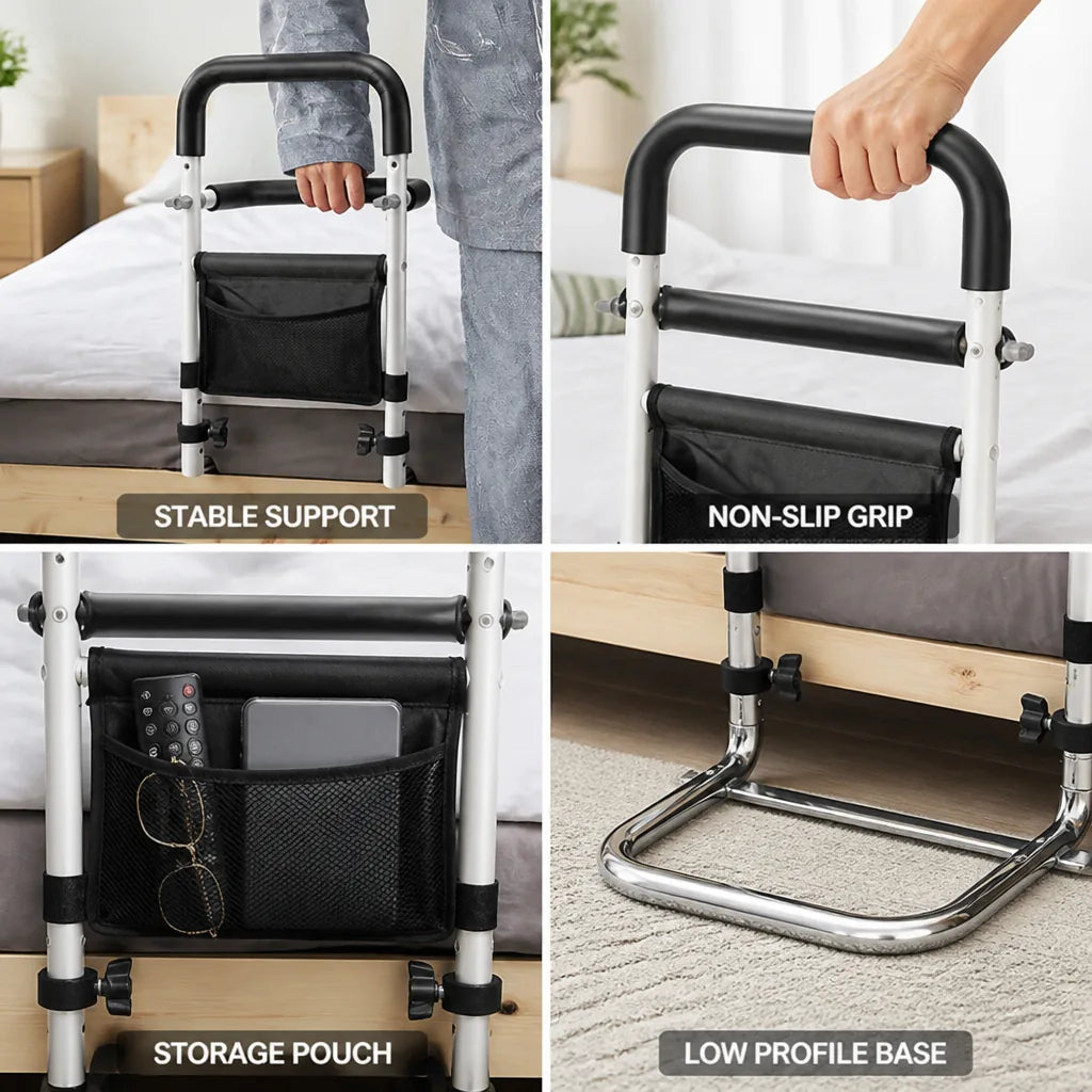 Bed Safety Rail Height Adjustable Non-Slip Handle Storage Pouch