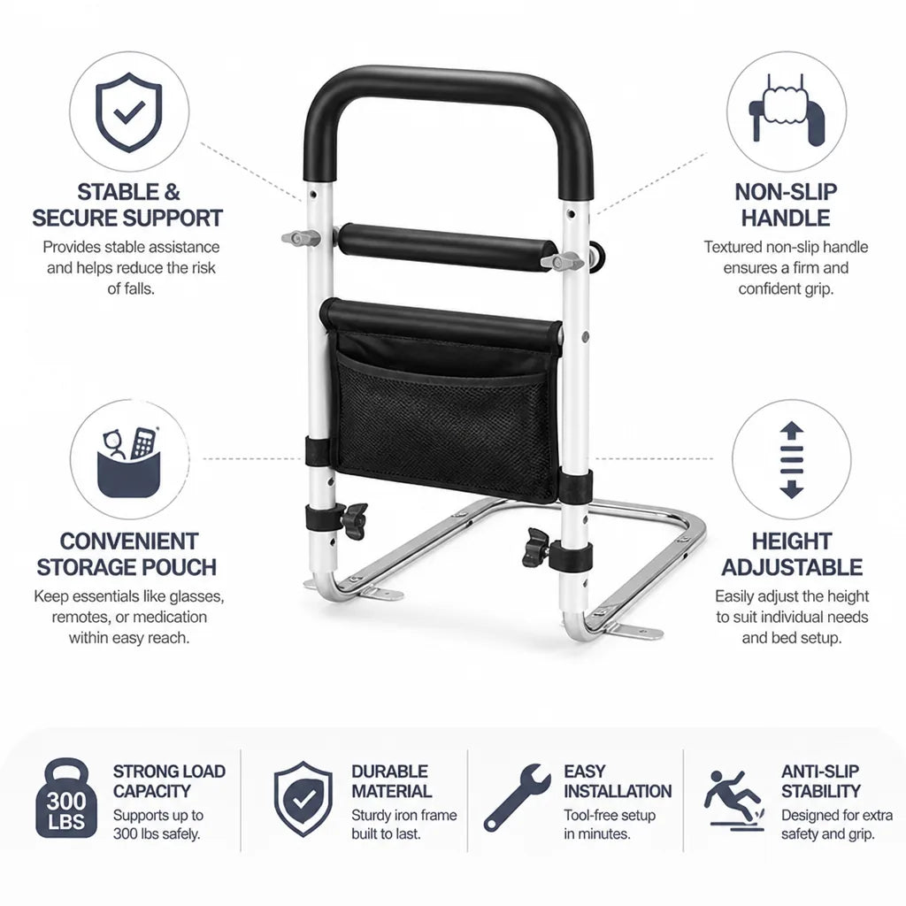 Bed Safety Rail Height Adjustable Non-Slip Handle Storage Pouch