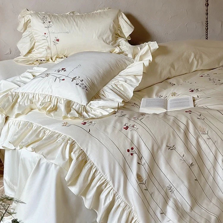 Bed Set Cotton-Linen Breathable Embroidered Ruffled Skirt 4-Piece