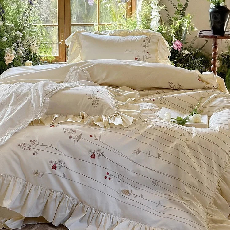 Bed Set Cotton-Linen Breathable Embroidered Ruffled Skirt 4-Piece